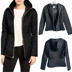 LOUCAS Black Quilted Puffer Zip Up Hooded Faux Leather Jacket Small